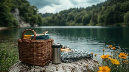 [Picnic Essentials cups picnic] Secluded Lakeside Picnic Setup Amidst Blooming Flowers & Gentle Waves in Nature Retreat