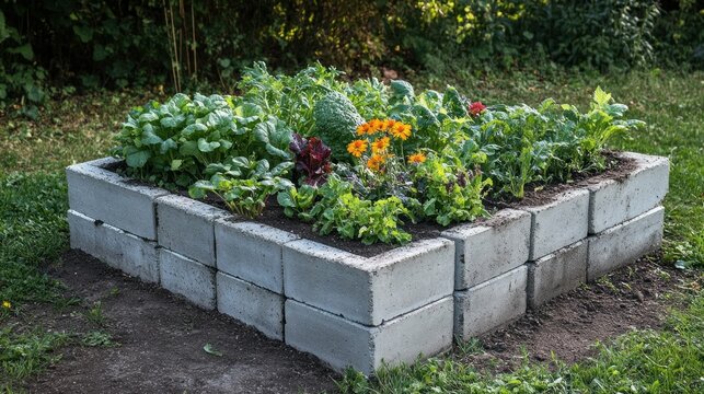 Sunlit raised garden bed with various vegetables and flowers.
