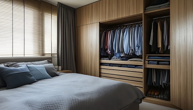 Modern Bedroom Interior Design with Built in Wooden Wardrobe and Organized Clothing