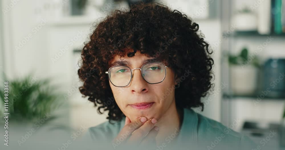 Aufkleber Thinking, serious and coding in office, man and IT specialist with glasses, planning or online. Contemplating, programmer and ideas for cybersecurity, professional or troubleshooting of software