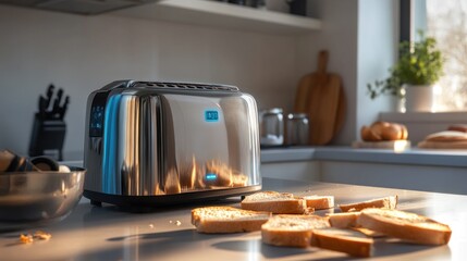 shiny toaster with bread slices on the counter