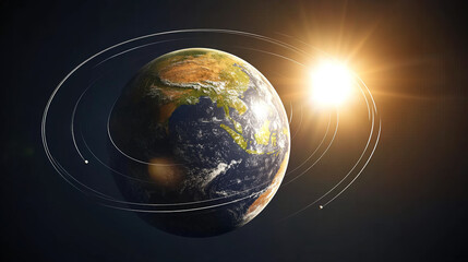 Naklejka premium Earth axis diagram illustration showing the tilt of the Earth's rotational axis relative to its orbital plane, explaining the cause of seasonal changes and the distribution of sunlight.