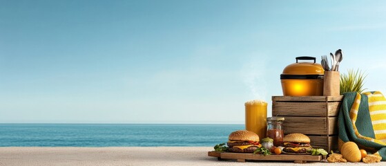 [Tailgate Party burgers BBQ] Beach Lifebuoy Scene - Calm Ocean Desktop Background with Seaside Items