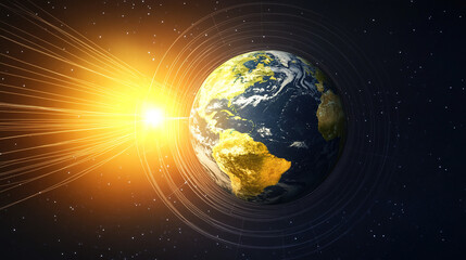 Fototapeta premium Earth axis diagram illustration showing the tilt of the Earth's rotational axis relative to its orbital plane, explaining the cause of seasonal changes and the distribution of sunlight.