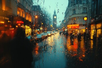 Obraz premium Rainy City View From Window with Black Mold Fungus on Windowsill and Water Condensation on Glass, Depicting Dampness and Ventilation Issues in Living Room