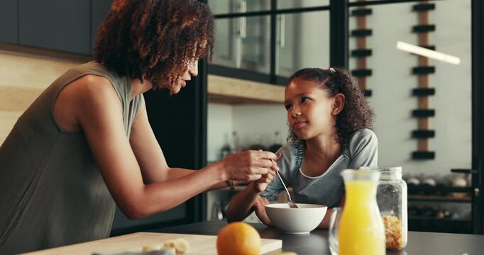 Scold, home or mom talking to kid for love, development or warning for teaching lesson in morning. Breakfast, mother or girl eating cereal in family kitchen for food discipline, meal or strict rules
