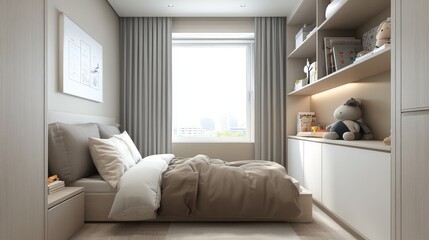 15.A beautifully designed children's room with soft, light-colored walls, a small bed with plush bedding, and a set of shelves filled with toys and books. The room has ample space for text or