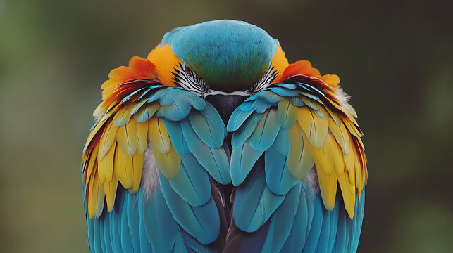 A vibrant blue and yellow macaw displays its colorful feathers while resting, showcasing intricate details and a serene mood, perfect for nature enthusiasts.