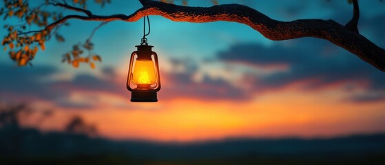 Obraz premium [Cozy Bonfire Firewood Atmosphere Evening] Serene Nighttime Landscape with Lantern in Tree Branch under Vibrant Sunset Sky