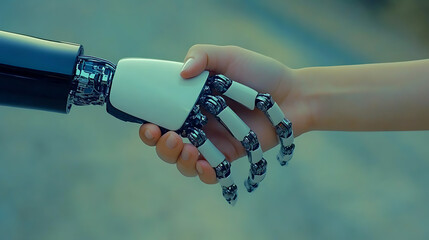 A close-up of a human hand reaching out to a robotic hand. The connection symbolizes the merging of technology and humanity, showcasing innovation and future possibilities.