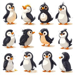 Obraz premium A set of various (Penguin Cartoon Character Set) in full detail, isolated on a transparent background.