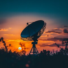 Silhouette of a satellite dish at sunset.