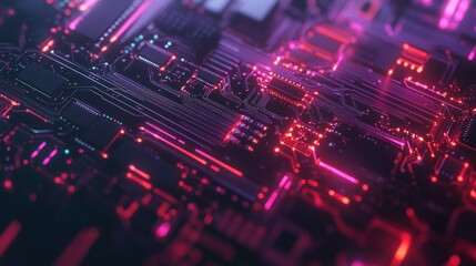 Abstract close-up of a futuristic circuit board with glowing pink and red lines.
