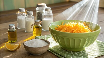 A vibrant green bowl containing shredded citrus peels surrounded by an array of small glass containers filled with baking soda salt and essential oils. Sunlight beams over the