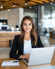 Fototapeta premium [Dressed professionally working at desk] Professionally dressed woman in office setting with laptop open, working diligently.