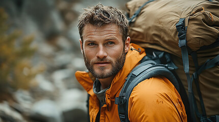 A rugged man with short brown hair and a beard, wearing an orange jacket over black hiking pants, carries large backpacks through the wilderness