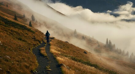 Obraz premium A scenic mountain trail with a hiker’s silhouette under the morning mist 