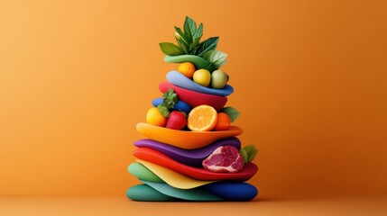 [Farmers Market produce Meat products] Festive Fruit Tower Christmas Decoration Artistic Food Display Orange Background
