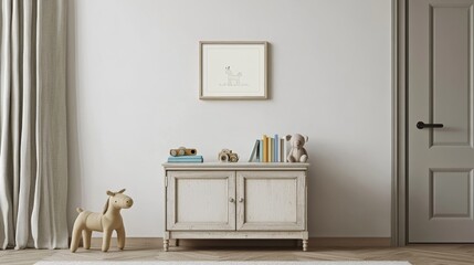 48.A 3D-rendered children's room mock-up with a blank white wall, offering a perfect space for inserting a poster or sticker. A small sideboard sits beneath the wall, decorated with toys and books.