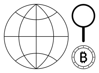 Magnifying glass, globe, and Bitcoin coin symbols. Ideal for cryptocurrency, global finance, investment research, blockchain technology, digital currency education, trade market analysis. Line