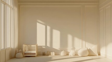 54.A 3D mock-up of a children's room featuring a large cream-colored wall, ideal for displaying posters or design inserts. The room is styled with minimalist furniture, including a crib and a few