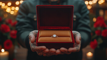 man holds open velvet ring box with diamond ring inside, surrounded by roses and soft lights, creating romantic atmosphere