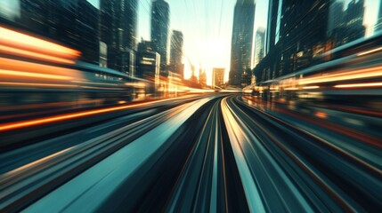Here's a caption and keywords for your stock photo.. High-speed urban transit at sunset.  Cityscape blurs with motion.