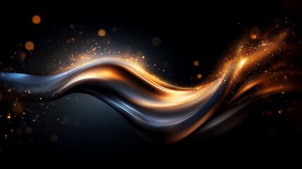 Obraz premium Abstract dynamic flowing liquid gold waves with shimmering particles on a dark background.