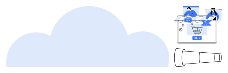 Cloud shape, people using a computer for online shopping, telescope nearby. Ideal for e-commerce, cloud computing, online shopping, digital collaboration, technology business, data storage virtual