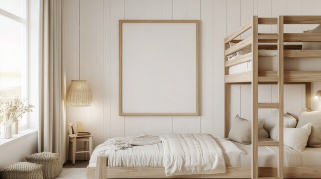 63.A high-quality 3D-rendered children room in Scandinavian design with a white, minimalist background. The room features a wooden bunk bed with simple linens, a large mock-up frame on the wall for