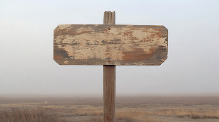 An empty, weathered wooden signpost stands in a murky fog over a barren landscape, suggesting mystery and anticipation of a journey ahead.