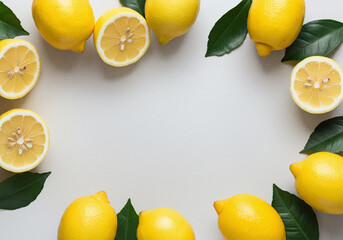 Flat Lay of Lemons and Leaves on Textured White Background