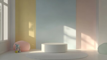 86.A 3D-rendered childrenâ€™s room showcasing a minimalist white podium placed against a two-tone wall. The wall features soft pastel colors, while the podium sits centrally, perfect for displaying