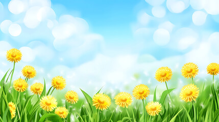 Fototapeta premium A vibrant field of bright yellow dandelions in lush green grass under a clear blue sky with soft, fluffy clouds, creating a cheerful and serene atmosphere.