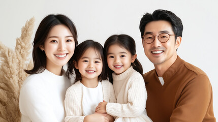 Fototapeta premium A family of four, a man and three girls, are smiling for the camera