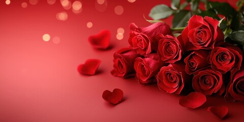 Close-up of Fresh Red Roses with Soft Focus on Red Background and Romantic Accents for Floral Arrangements and Celebrations