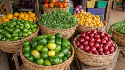 Shopping healthy foods organic low fat. Fresh produce displayed in woven baskets at a market.