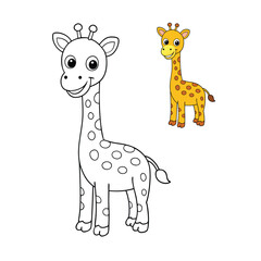 A delightful coloring page featuring a cute giraffe standing and smiling. Perfect for kids, it invites creativity and fun as they add vibrant colors to this joyful, friendly animal.