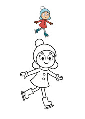 A fun coloring page featuring a cheerful cartoon girl enjoying winter sports on ice skates. Perfect for kids, it shows her gliding gracefully with a big smile in a snowy winter scene.