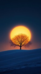 A striking silhouette of a lone tree against a massive, vibrant sun setting on a snowy horizon, evoking feelings of tranquility and awe in the winter landscape.