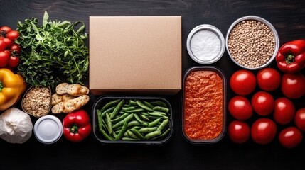 Shopping healthy foods organic low fat. Fresh ingredients arranged with a cardboard box on a dark surface.