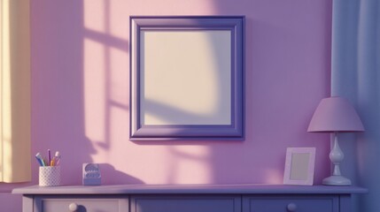 115.Concept 5: 3D illustration mockup photo frame in children room, interior and decoration with lovely furniture, blank space for insert picture, 3D rendering