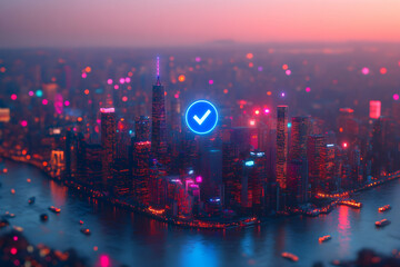 Illuminated cityscape at night with a checkmark overlay.