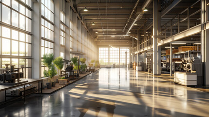 Obraz premium A modern industrial interior, showcasing large machinery, expansive windows, and a spacious floor, emphasizing a clean and efficient workspace. 