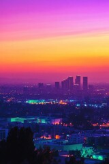 Obraz premium Vibrant city skyline at sunset with colorful lights and clouds.