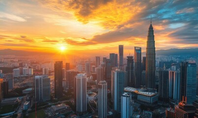 Obraz premium A stunning sunset over a city skyline with modern architecture.
