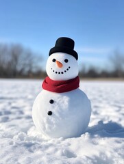 Obraz premium A cheerful snowman stands proudly in a snowy landscape, adorned with a black hat and red scarf, evoking the joy and magic of winter.