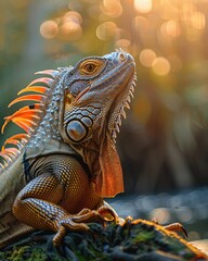 Fototapeta premium iguana on sunlit tree branch with natural forest view ai generated