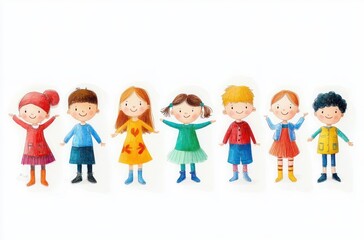Fototapeta premium Playful Cartoon Illustration of Diverse Children in Various Poses Bright Colors Cheerful Atmosphere