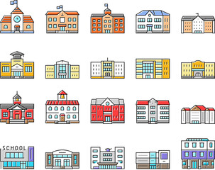 building school exterior modern icons set vector. facade kid, public high, campus brick, student education, college, outside building school exterior modern color line illustrations